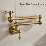 Wall-mounted brass swing-arm pot filler faucet with a folding articulated design shown against a plain background.