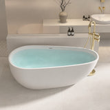 A modern white bathtub with gold fixtures and water inside, set against a minimalist bathroom background.