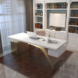 63" Modern Office Desk with Drawer Writing Desk with Abstract Design in White & Gold