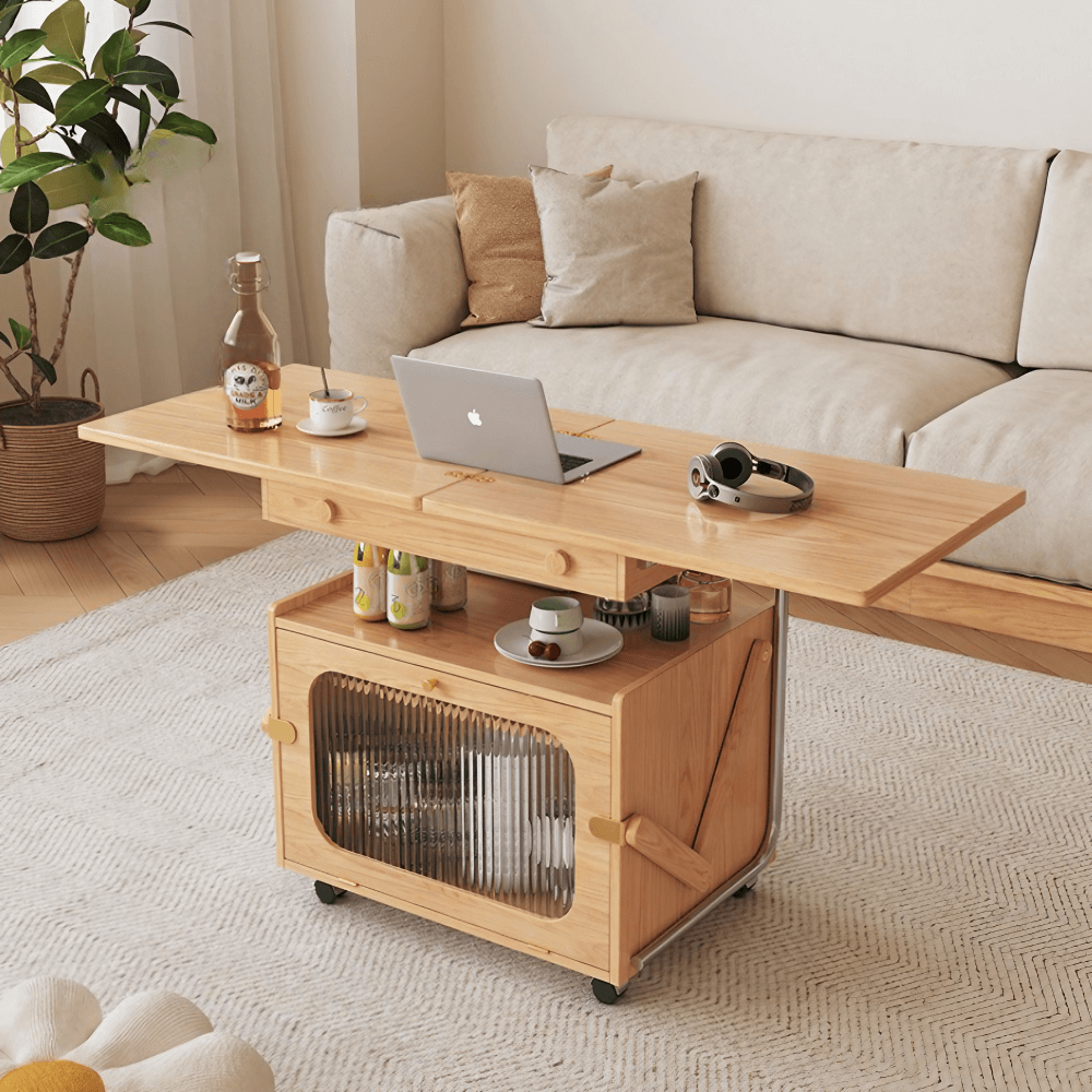 26" Multifunctional Coffee Table - Rectangular Natural Wood Lift Top, Stainless Steel Frame with Locking Wheels