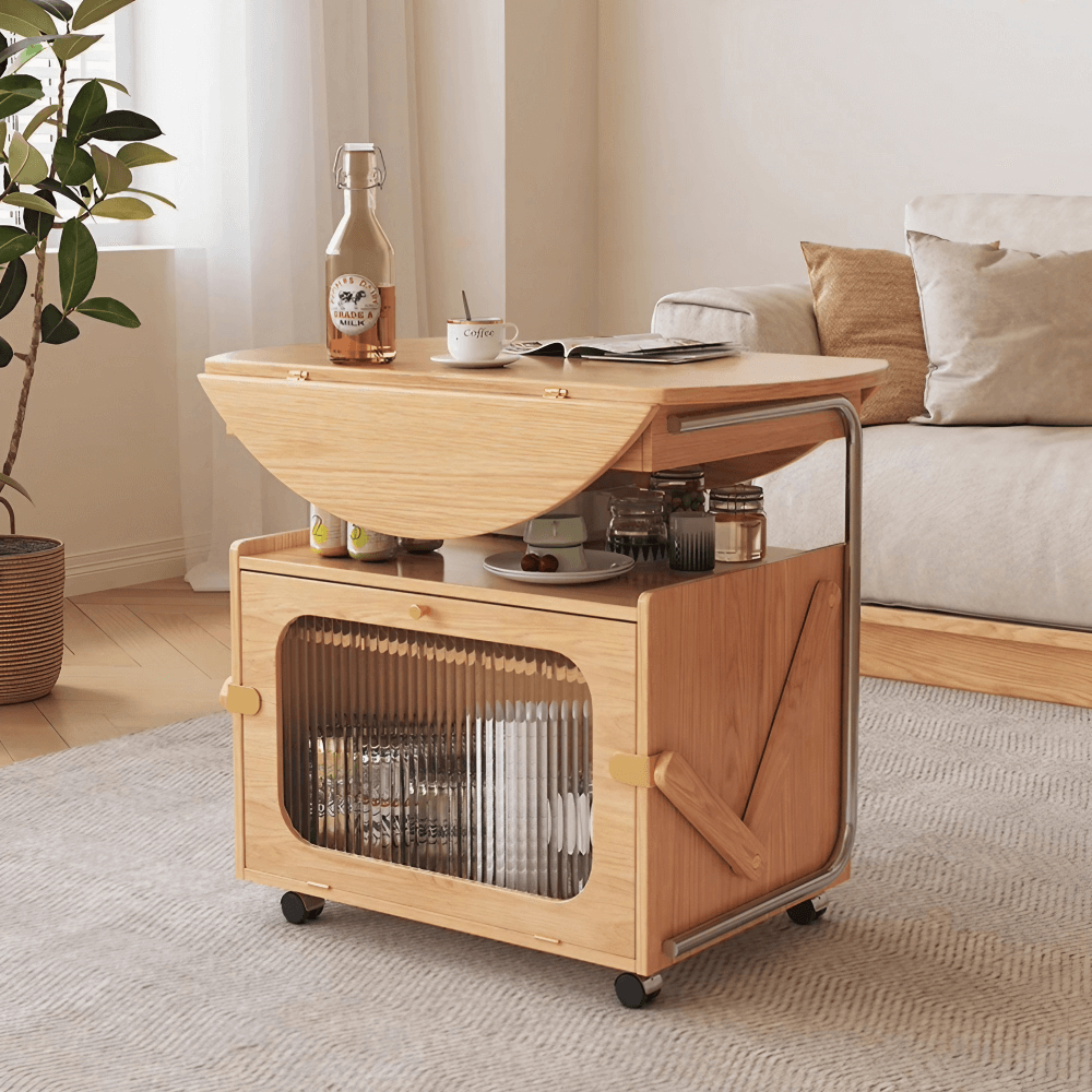 26" Multifunctional Coffee Table - Rectangular Natural Wood Lift Top, Stainless Steel Frame with Locking Wheels