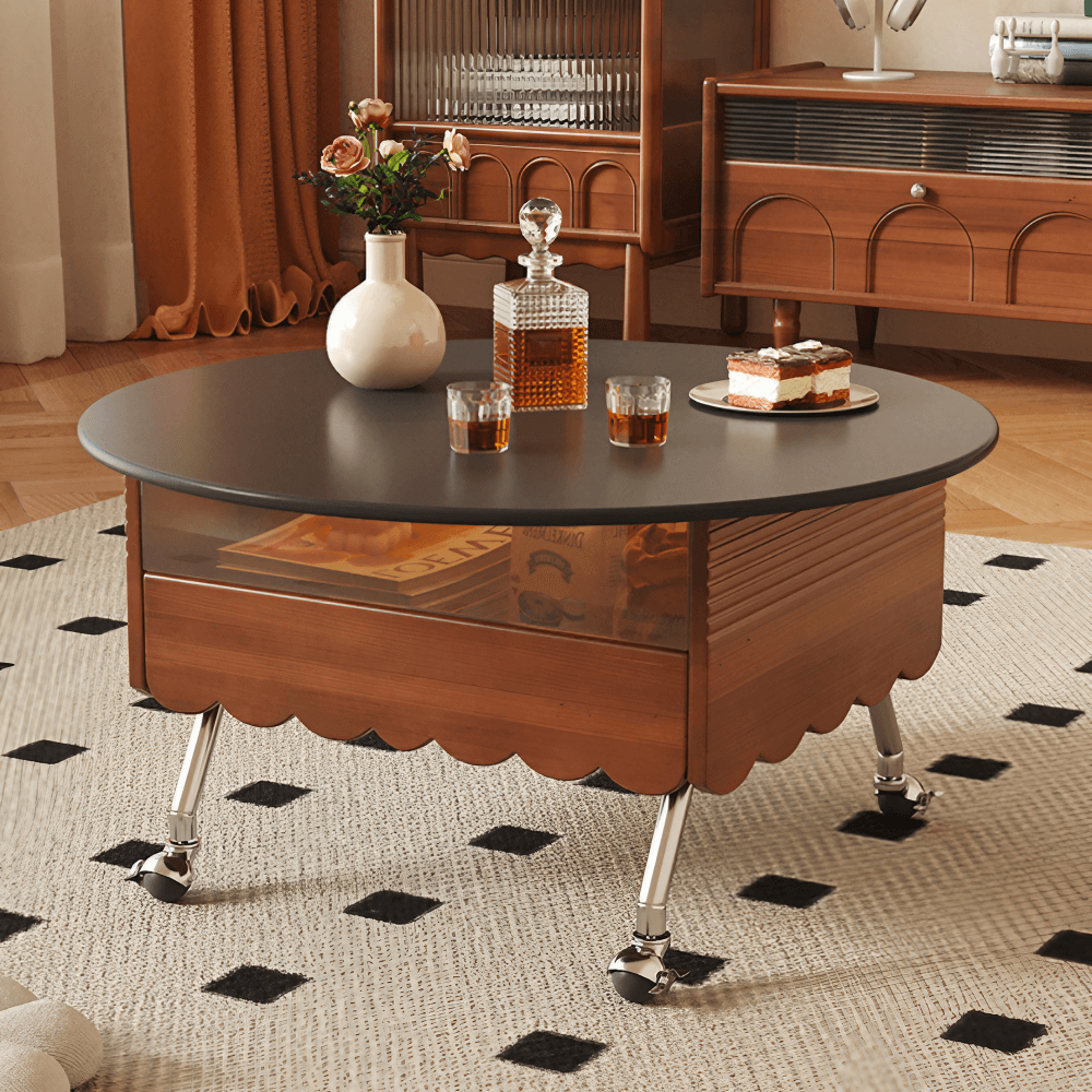 Multifunctional Black Slate Coffee Table - 19" Round Top, Solid Wood 4-Leg Base