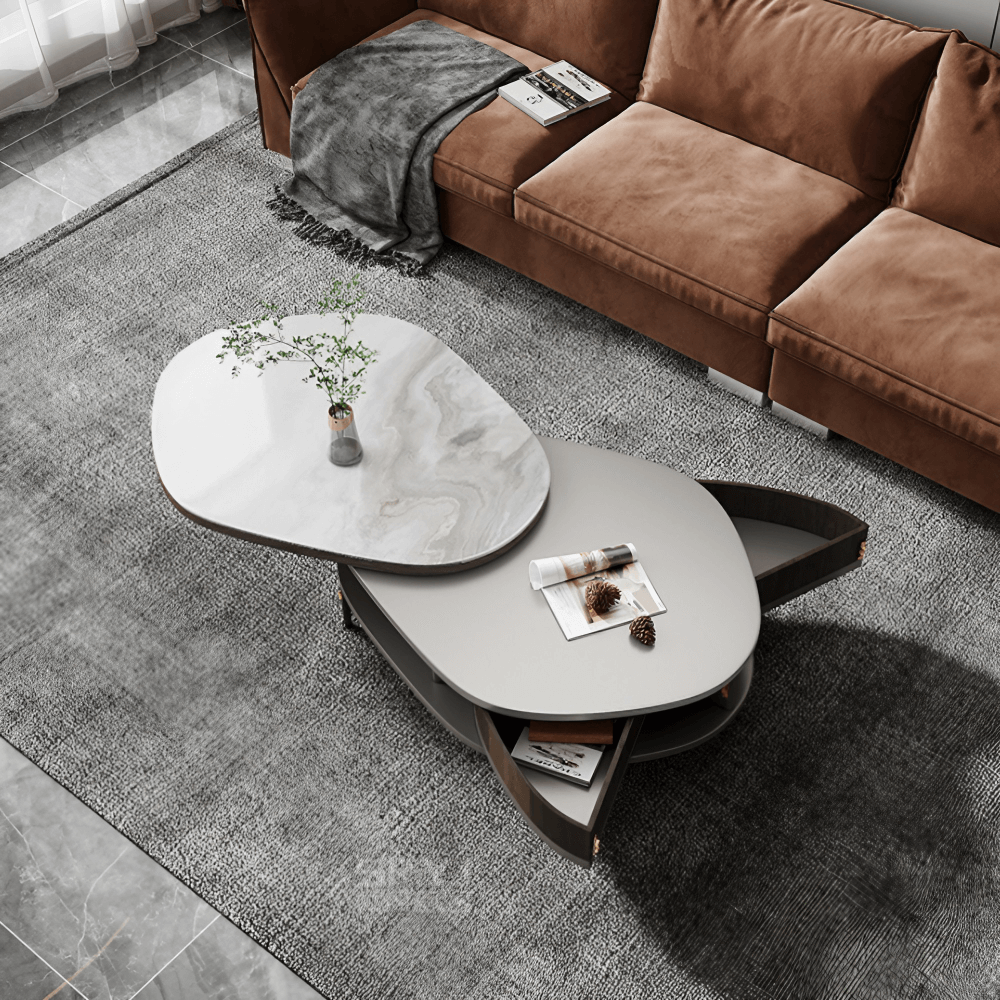 36" Multifunctional Chanel Beige Round Coffee Table Slate Top, 4-Legged Iron-MDF Base, With Drawers