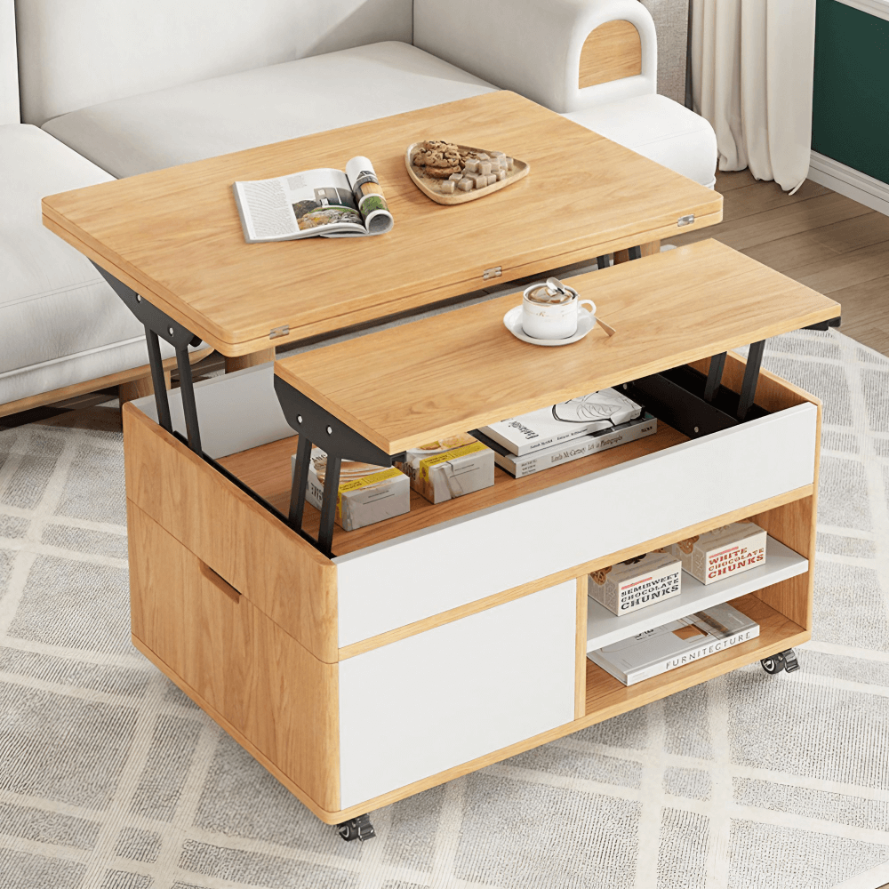 Multifunctional Lift-Top 31" Rectangle Coffee Table with Natural Wood Finish and Sturdy Iron Base