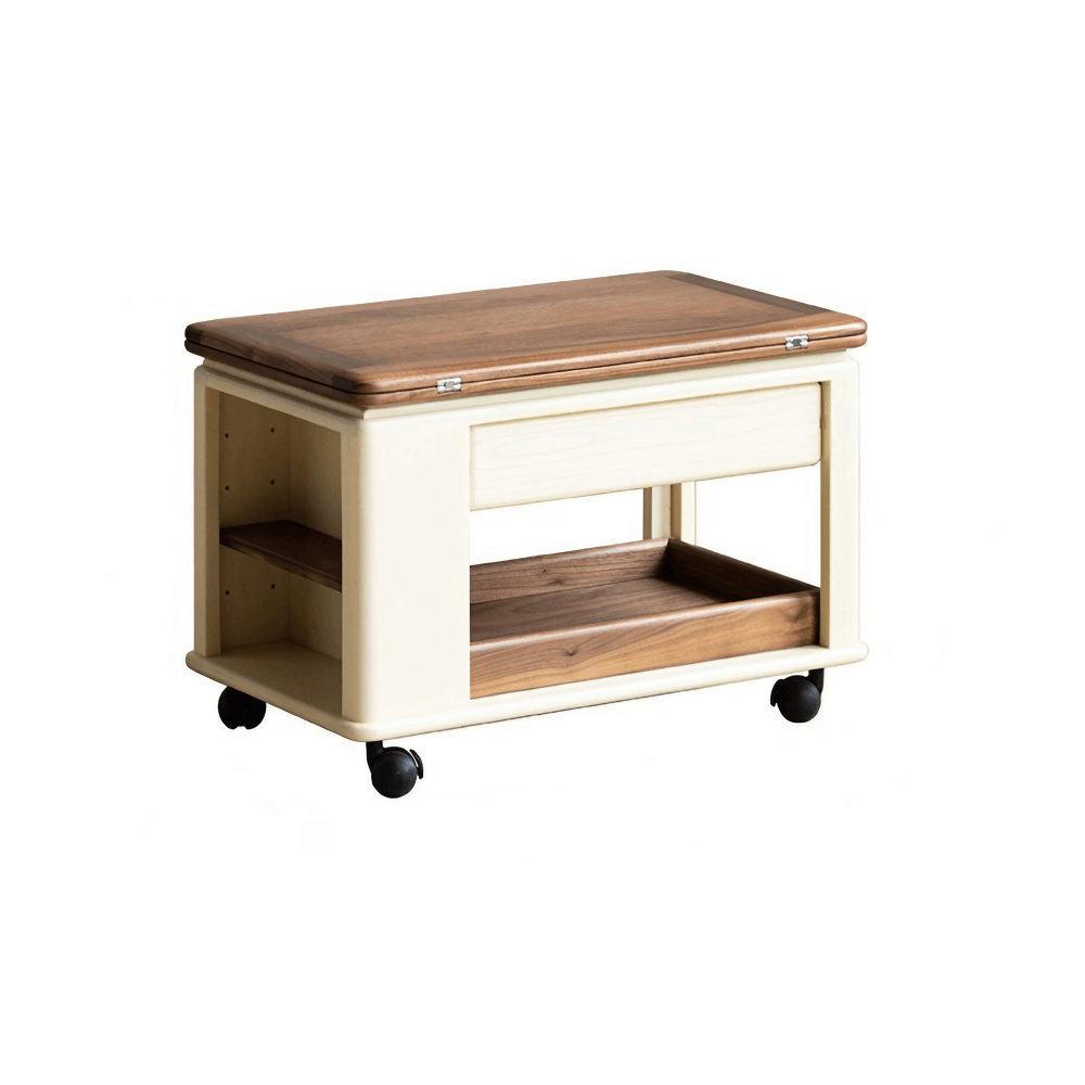 28'' Multifunctional Rectangular Coffee Table with Locking Wheels White Solid Wood