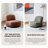 Rust-brown and sage-green swivel chairs shown side by side in bright rooms with artwork