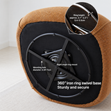 Underside of brown upholstered swivel chair showing black metal ring base with callouts