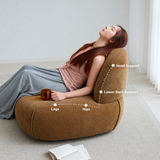 Woman reclining on a rust-brown swivel chair, callouts for head, back, hips, legs