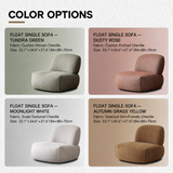 Color options chart: four armless chenille floor chairs in green, rose, off-white and brown