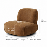 Brown upholstered armless swivel chair dimension diagram on white with height, width, length, and seat measurements