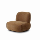 Brown chenille upholstered swivel chair with rounded seat and back, white studio background