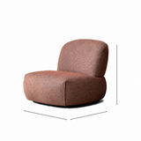 Rust-brown upholstered swivel barrel chair dimension diagram on white with height and width markers