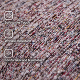 Macro texture detail of multicolor loop yarn upholstery on a swivel barrel chair, with feature labels overlaid