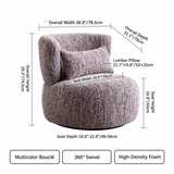 Dimension diagram of a mottled bouclé barrel chair with lumbar pillow, labeled width, height, depth, and seat measurements