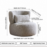 Dimension diagram of a textured swivel barrel chair with lumbar pillow, showing width 30.9"/78.5cm and height 29.3"/74.5cm