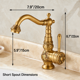 Short-spout brass faucet dimension diagram with labeled 7.9"/20cm spout reach and 8.7"/22cm height.