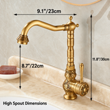Brass vintage faucet dimension diagram: 11.8"/30cm tall, 8.7"/22cm spout, 9.1"/23cm reach.