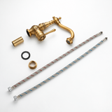 Brass vintage faucet body with hoses, adapter, washer, and nut arranged on white.