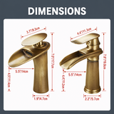 Size chart of two brass kitchen faucets with waterfall spouts, shown side by side with labeled measurements.