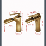 Size chart of a brushed brass vintage faucet from two views, with red dimension lines.