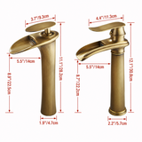 Dimension diagram of two bronze kitchen faucets with labeled height, spout reach and base width.