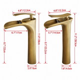 Dimension diagram of two bronze waterfall kitchen faucets side by side with labeled height and spout measurements on white.