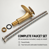 Brushed brass faucet body with two braided hoses, brass nut and washer on white.