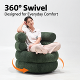 Woman cross-legged in green bouclé swivel barrel chair, orange rotation arrows on white studio