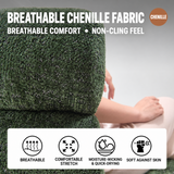 Close-up of green nubby chenille upholstery on a swivel barrel chair, with a seated person's arm resting beside it