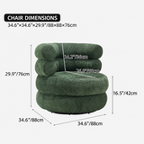 Dimension diagram of a green textured swivel barrel chair on white, marked 34.6"×34.6"×29.9"/88×88×76cm