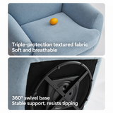 Light blue chair seat close-up with an orange, above its black metal swivel base.