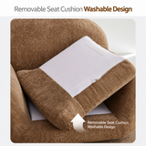 Close-up of a brown barrel chair with its removable seat cushion lifted, showing a white zippered underside