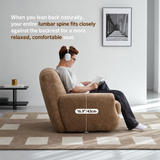 Brown textured swivel barrel chair shown from the side with a seated reader and a 16.9"/43cm seat height mark