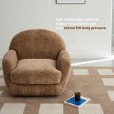 Brown textured swivel barrel chair on a checkered rug in a bright minimalist room, with an armrest callout graphic