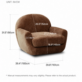 Brown swivel barrel chair size chart labeling height, seat, and base measurements