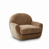 Brown textured swivel barrel chair with curved wraparound back and plush cushion on a white studio background