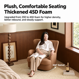 Woman seated reading in a tan swivel barrel chair on a rug, with a 360° swivel callout in a wood-panelled room.
