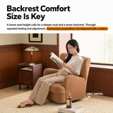 Woman reading in a tan swivel barrel chair with 360° swivel callout in a wood-panelled room.
