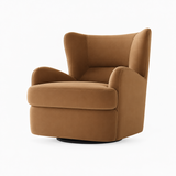 Camel-brown upholstered swivel barrel chair with curved back and arms on a white studio background