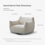 Off-white swivel barrel chair dimension diagram with width, depth and height markers
