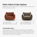 Two swivel barrel chairs side by side on white, one in orange striped chenille and one in taupe bouclé, with option labels
