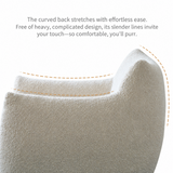 Close-up of a cream curly fleece chair backrest with cat-ear curve and dashed arc overlay