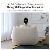 Ivory swivel barrel chair back view with cat-ear 40.2"/102cm backrest and seated woman