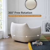 Ivory bouclé swivel barrel chair in a paneled room with a dashed rotation arrow graphic and English swivel text
