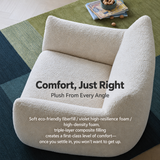 Off-white bouclé swivel barrel chair viewed from above on a green color-block rug, with English comfort copy overlaid