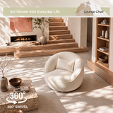 Cream bouclé swivel barrel chair with pillow in a sunlit room, 360° swivel arrow graphic nearby