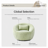 Pale green swivel barrel chair with lumbar pillow on white studio background, parts labeled