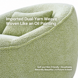 Close-up of pale green bouclé barrel chair backrest, arm seam and lumbar pillow, with white promotional text overlays
