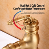 Close-up of a carved antique brass kitchen faucet handle with hot and cold arrows and text overlay on a beige background.