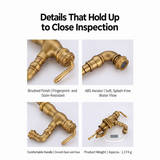 Four close-up views of a brushed antique brass kitchen faucet: spout, aerator, lever handle, and full unit on a scale.